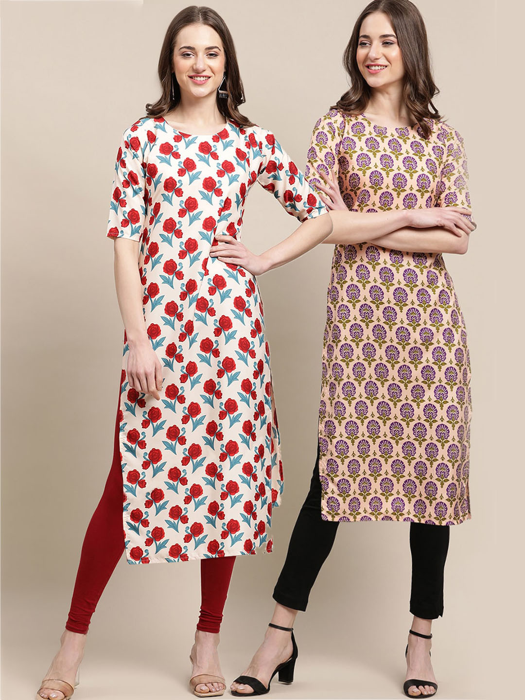 7Threads Women Multicoloured Geometric Printed Cold-Shoulder Sleeves Summer Sheers Crepe Kurta