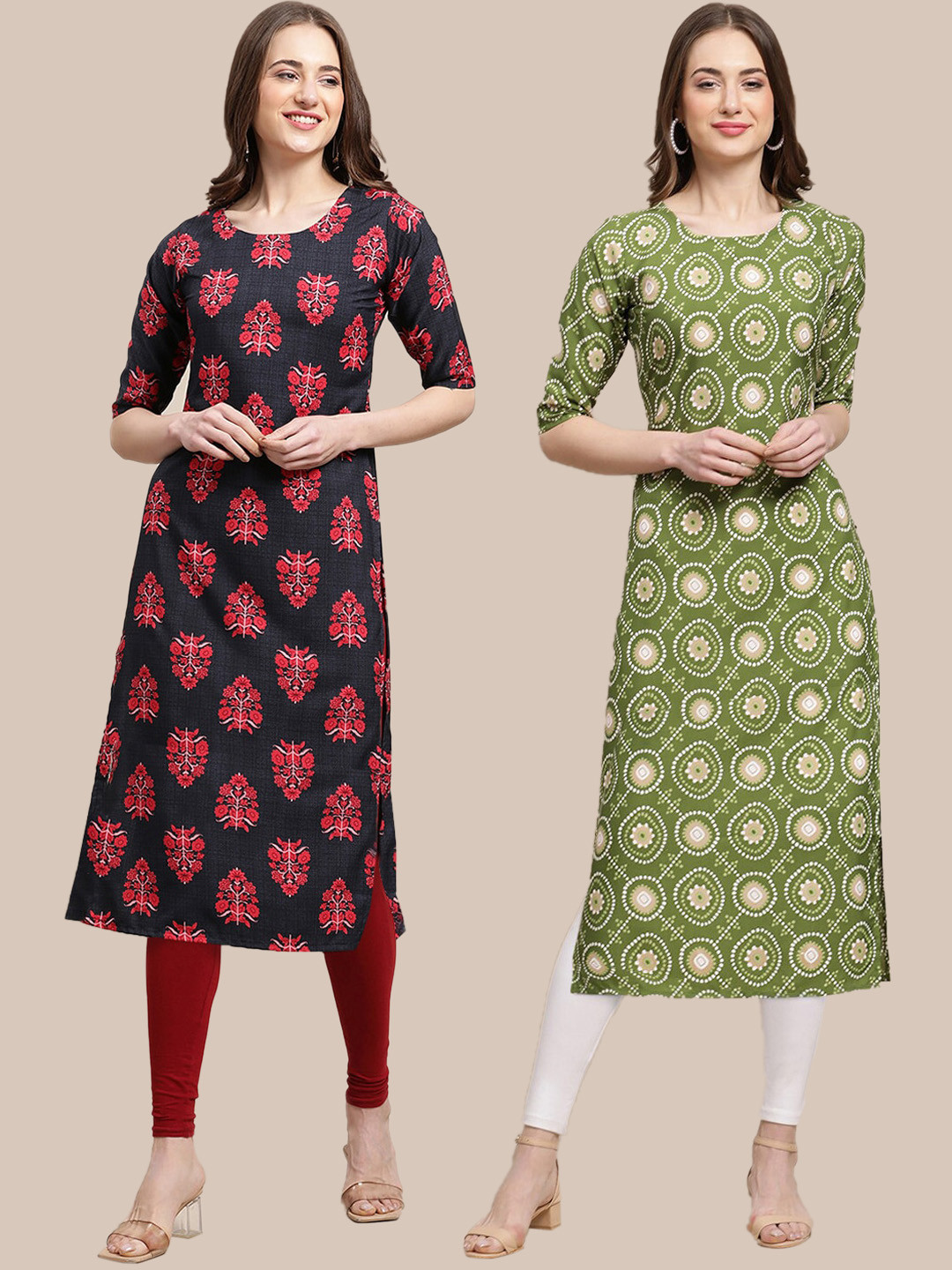 7Threads Women's Crepe Black & Green Color Ethnic Motifs Printed Straight Kurta (PACK OF 2)