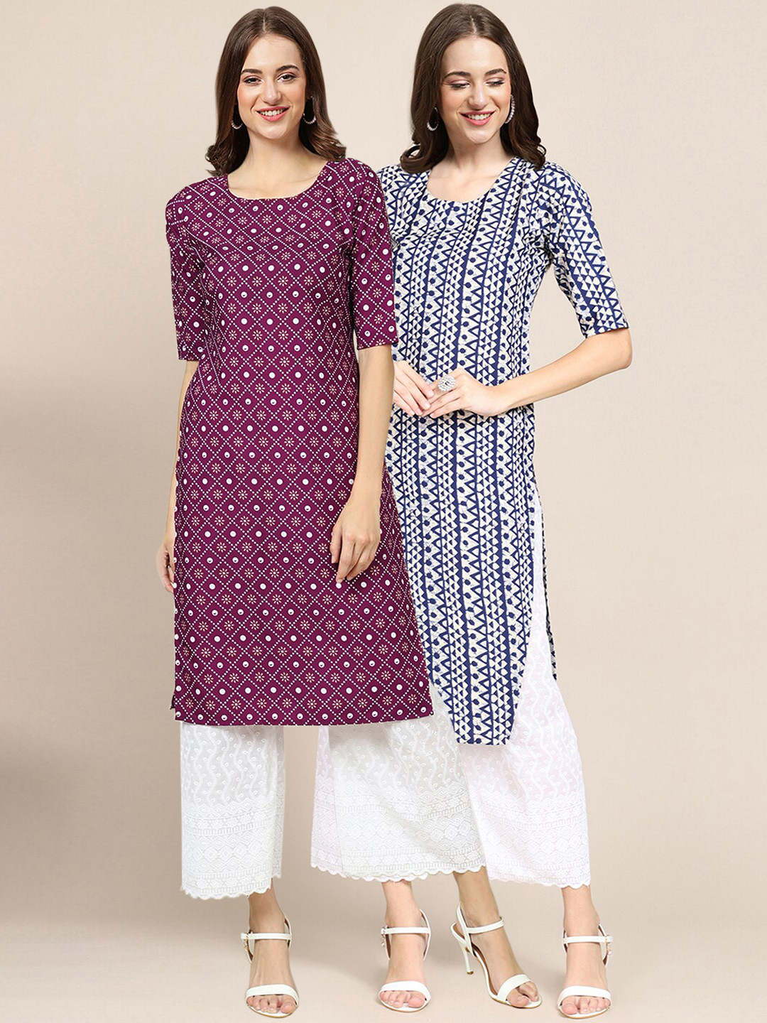 7Threads  Women's Crepe Purple & Grey Ethnic Motifs Printed Straight Kurta (PACK OF 2)