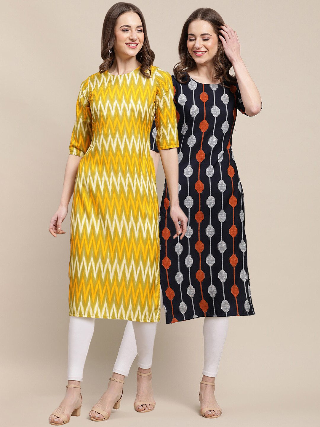 7Threads Women's Crepe Yellow & Black Color Geometric Printed Straight Kurta (PACK OF 2)