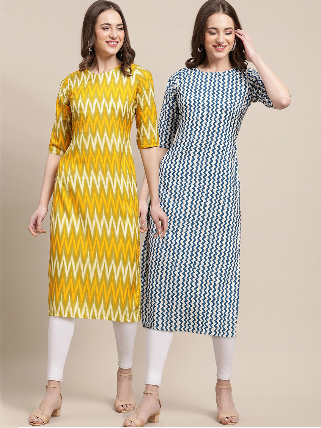 7Threads Women's Crepe Yellow & Teal Color Geometric Printed Straight Kurta (PACK OF 2)