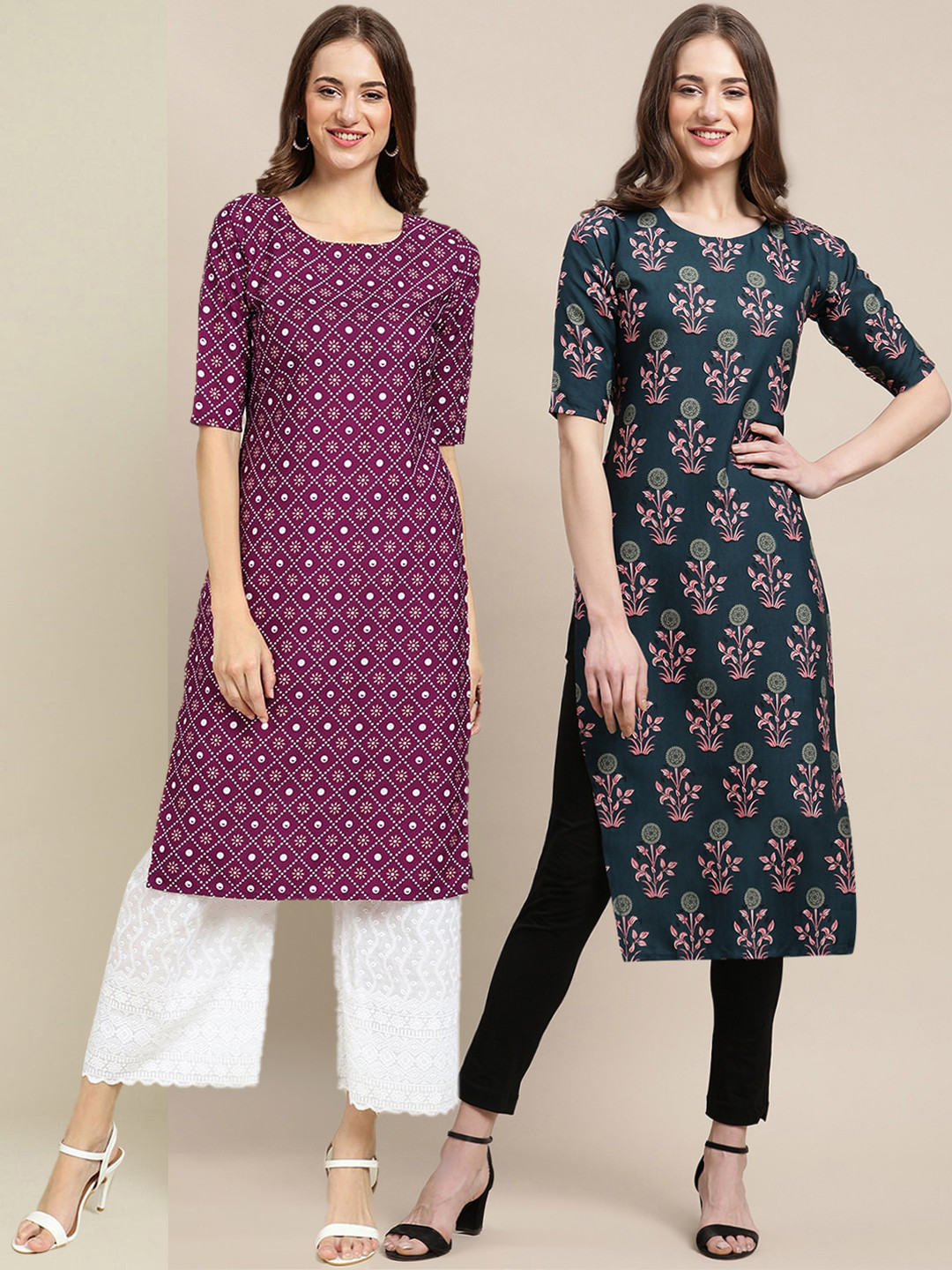 7Threads Women's Crepe Purple & Teal Color Ethnic Motifs Printed Straight Kurta (PACK OF 2)