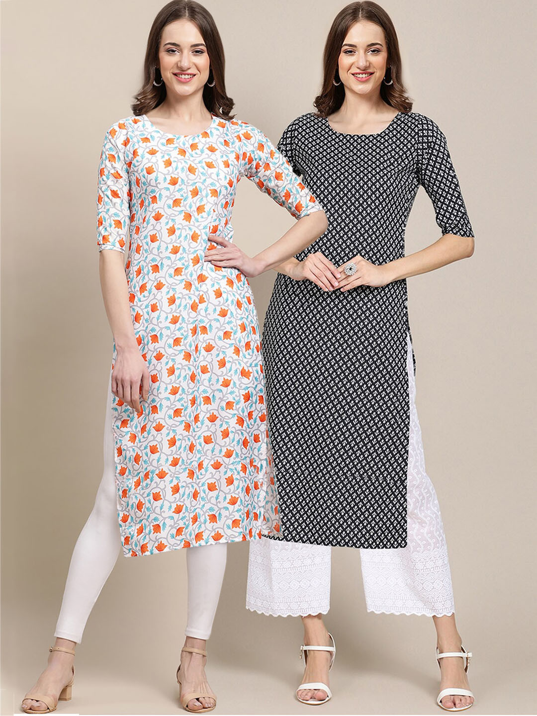 7Threads Women's Crepe Off White & Black Color Floral Printed Straight Kurta (PACK OF 2)