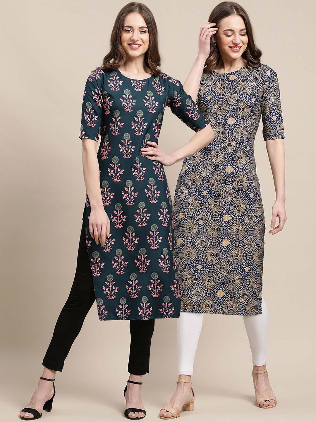7Threads Women's Crepe Teal & Blue Color Floral Printed Straight Kurta (PACK OF 2)
