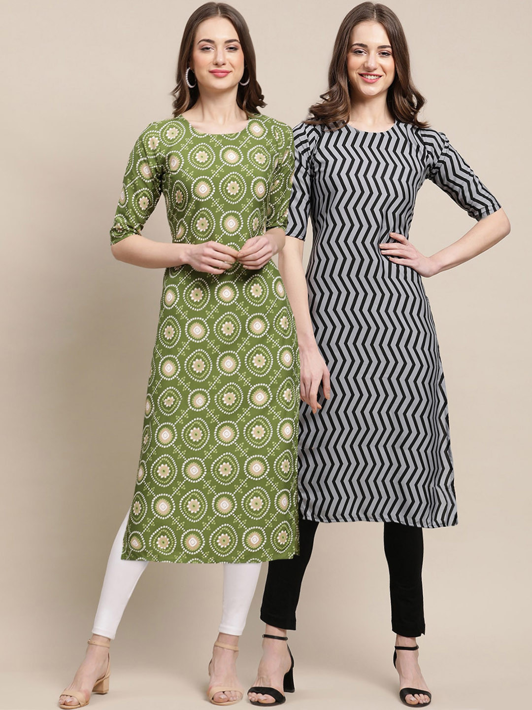 7Threads Women's Crepe Green & Grey Color Ethnic Motif Printed Straight Kurta (PACK OF 2)