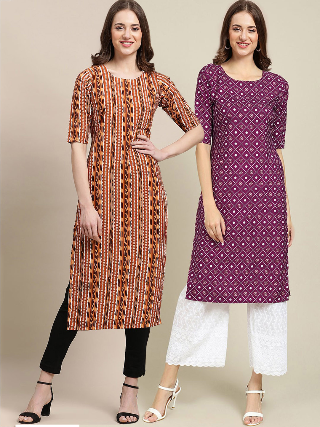 7Threads Women's Crepe Brown & Purple Color Ethnic Motif Printed Straight Kurta (PACK OF 2)