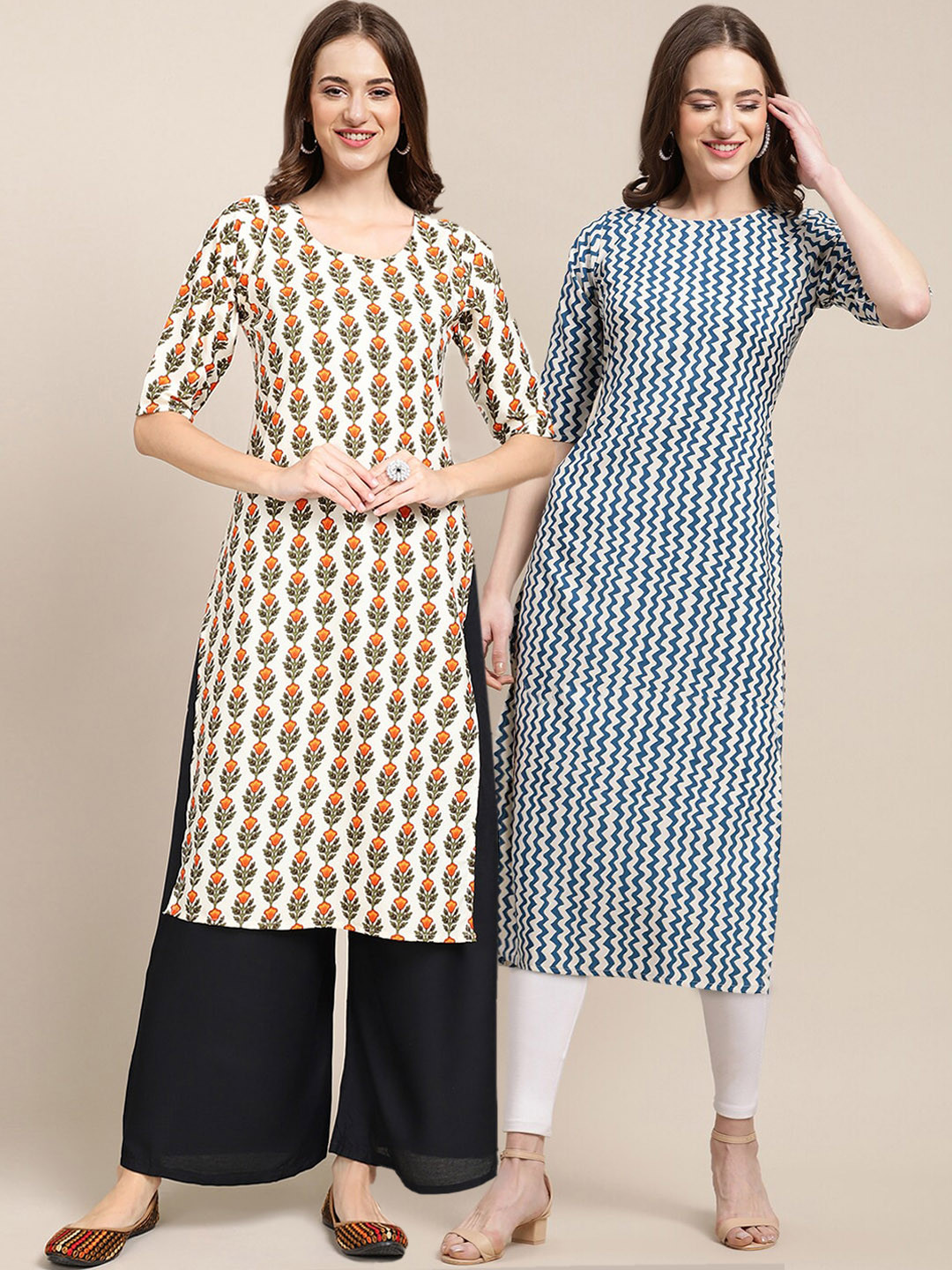 7Threads Women's Crepe Off White & Blue Color Floral Printed Straight Kurta PACK OF 2