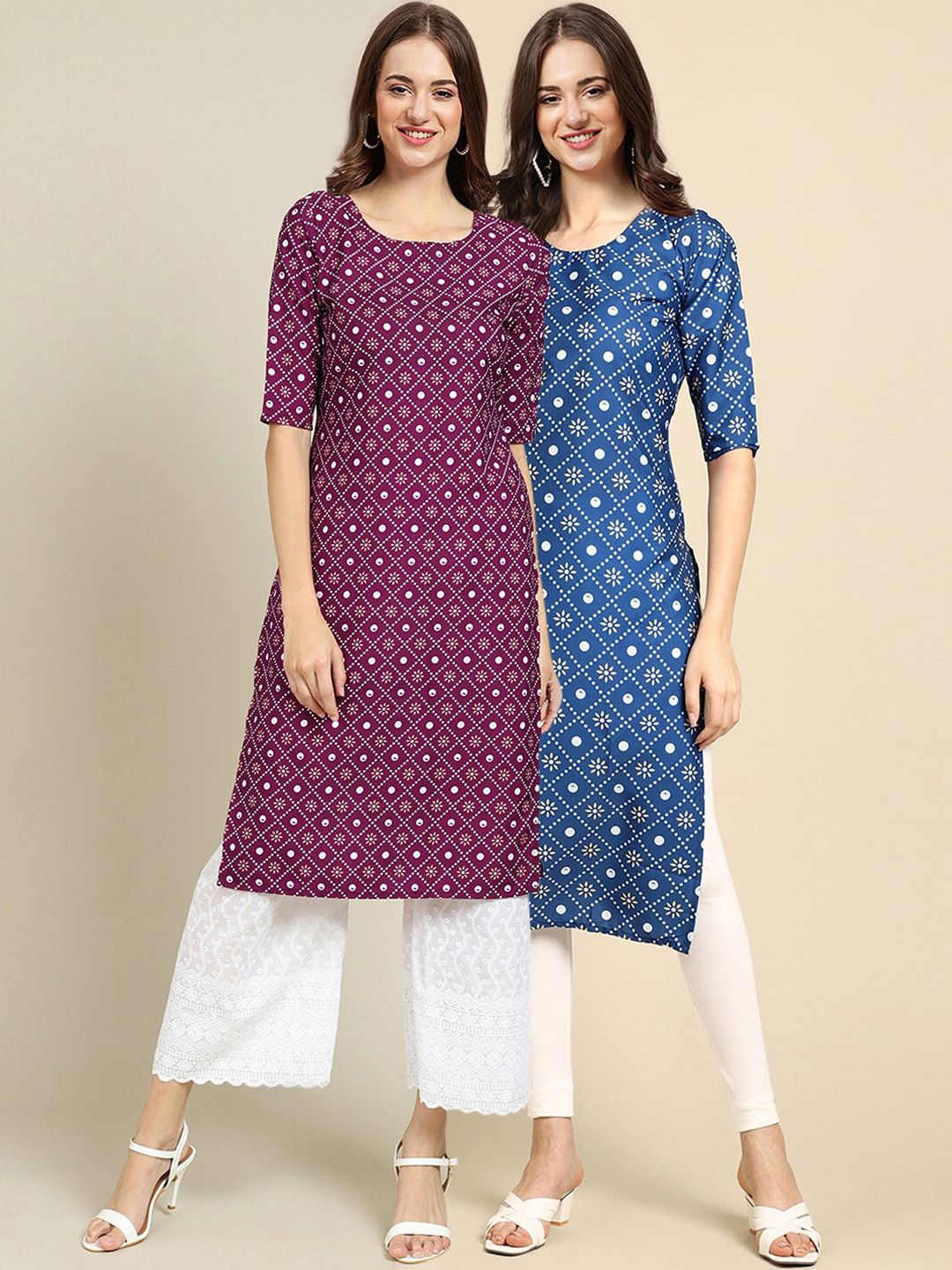 Women's Crepe Purple & Blue Color Ethnic Motif Printed Straight Kurta (PACK OF 2)