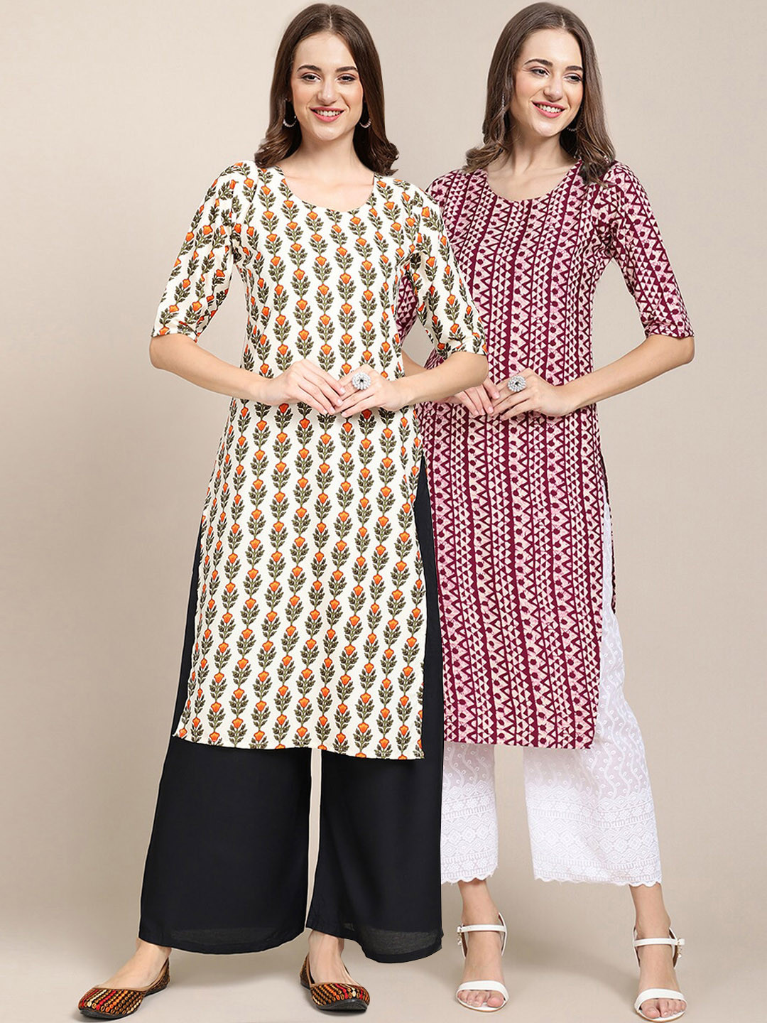 Women's Crepe Beige & Maroon Color Ethnic Motif Printed Straight Kurta (PACK OF 2)