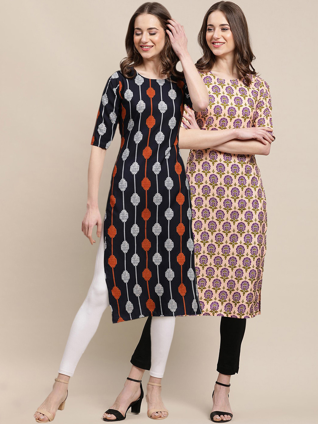 7Threads Women's Crepe Black & Beige Color Ethnic Motif Printed Straight Kurta (PACK OF 2)