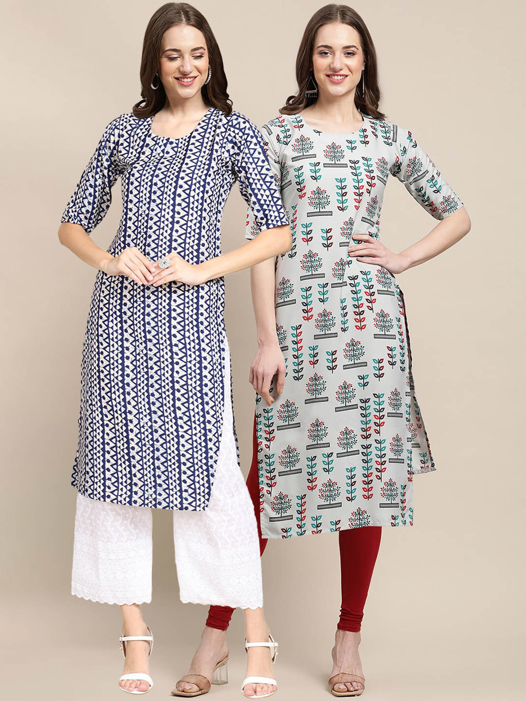 7Threads Women's Crepe Blue & Beige Color Ethnic Motif Printed Straight Kurta (PACK OF 2)