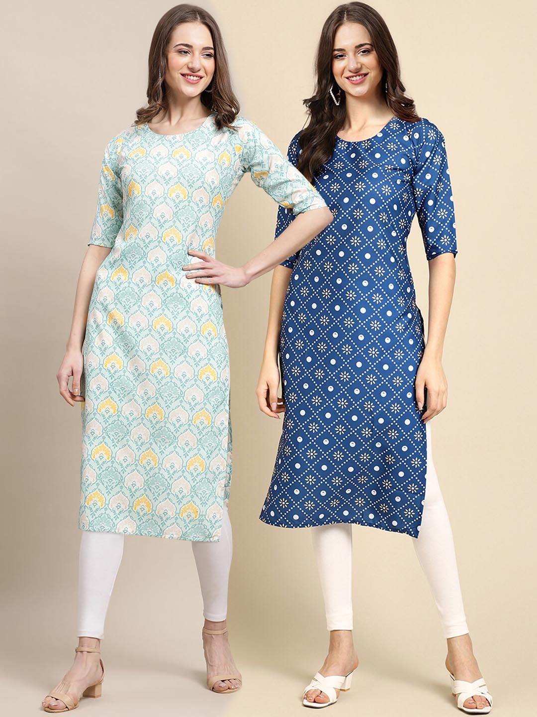7Threads Women's Crepe Turquoise & Blue Color Ethnic Motif Printed Straight Kurta PACK OF 2