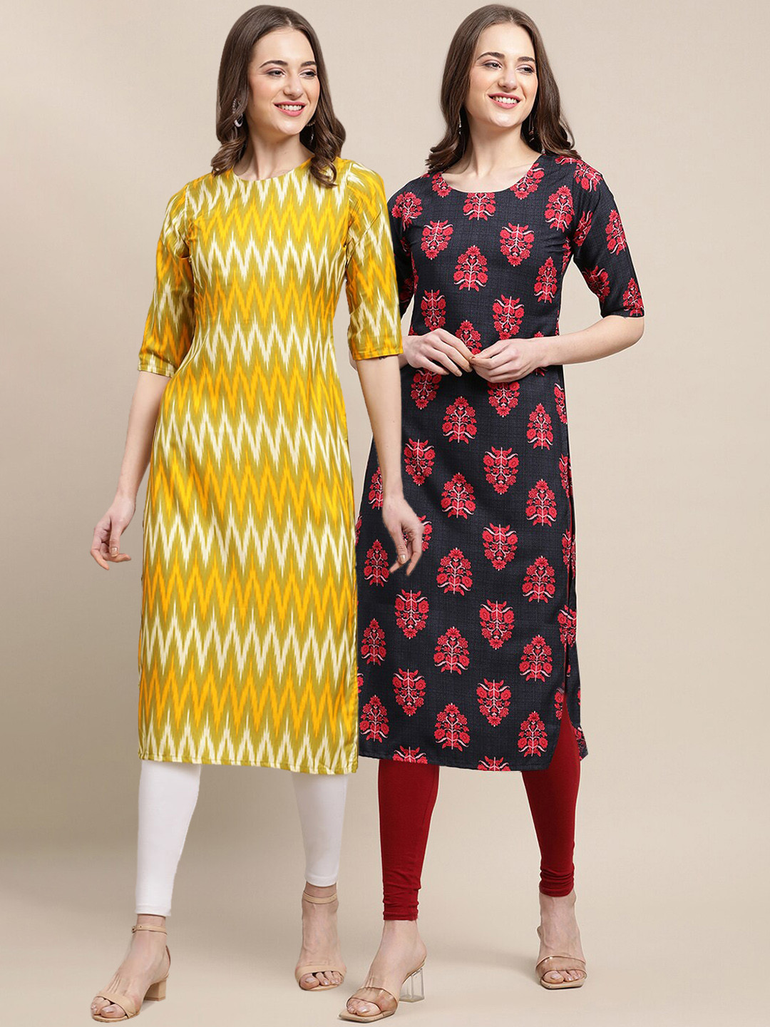 7Threads Women's Crepe Yellow & Black Color Ethnic Motif Printed Straight Kurta PACK OF 2