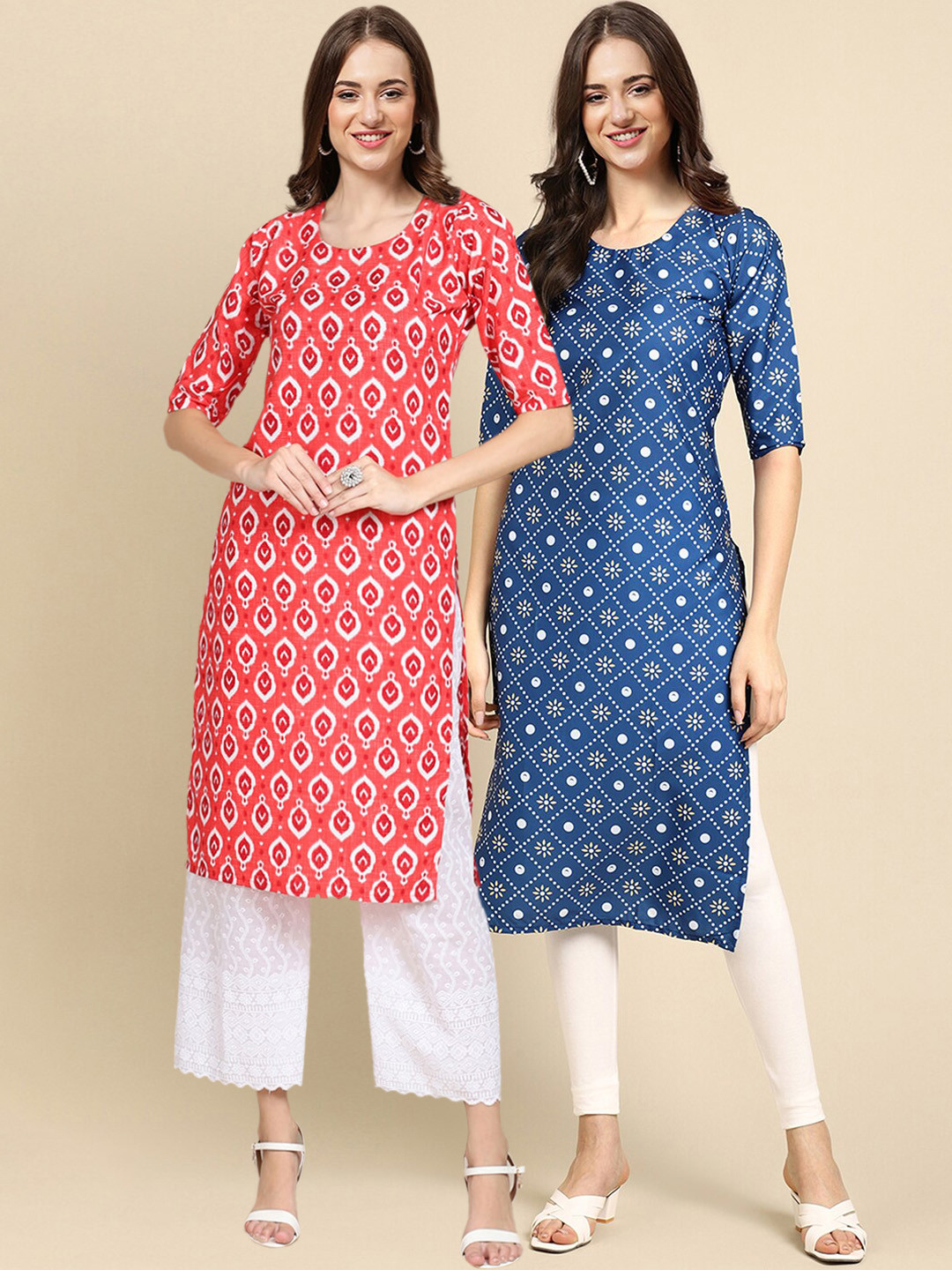 7Threads Women's Crepe Red & Blue Color Ethnic Motif Printed Straight Kurta PACK OF 2