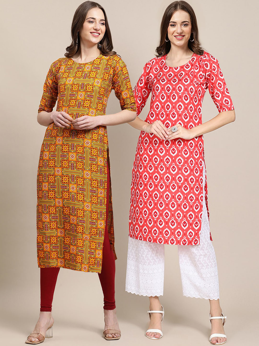 7Threads Women's Crepe Mustard & Red Color Ethnic Motifs Printed Straight Kurta PACK OF 2