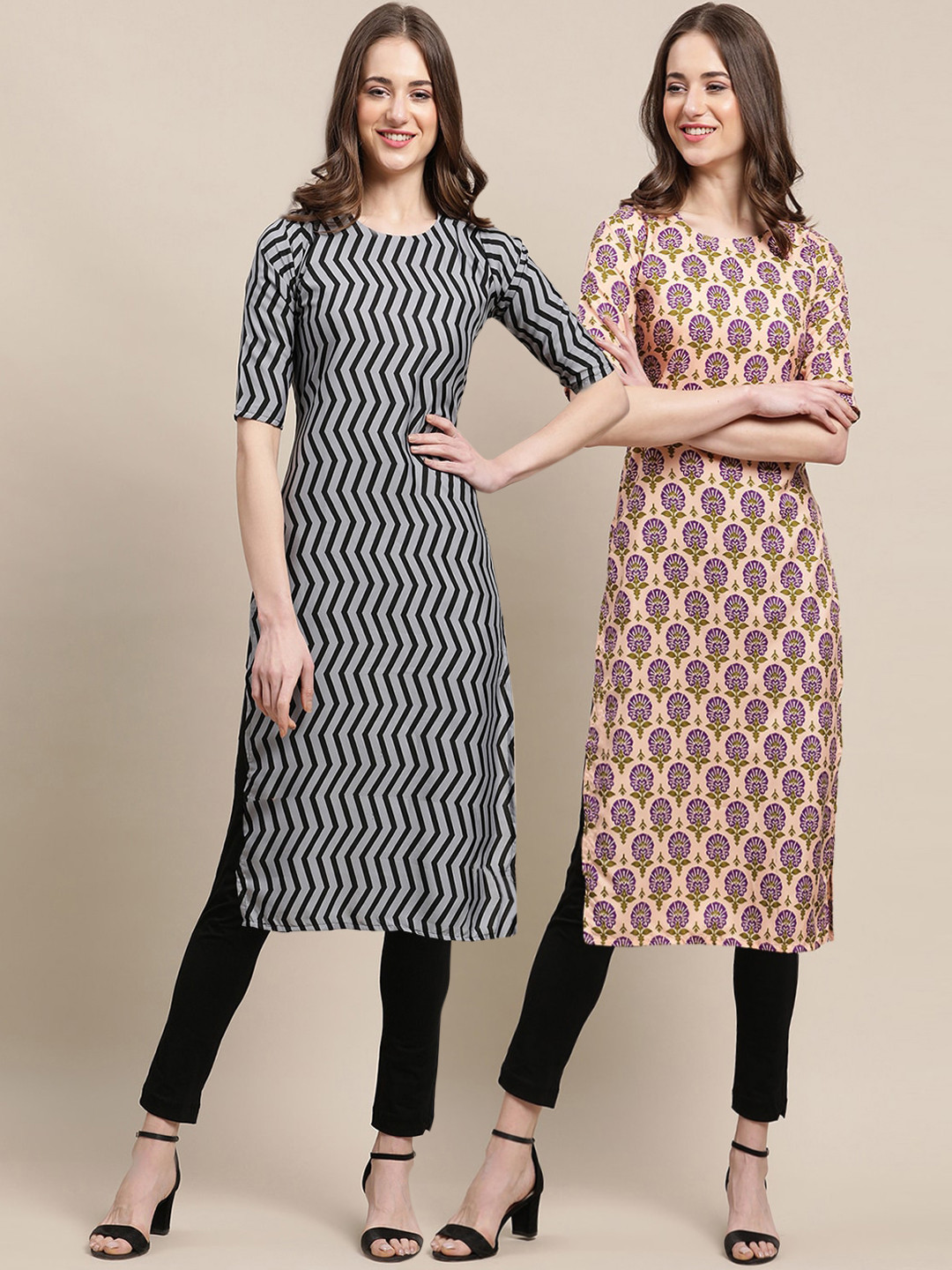 7Threads Women's Crepe Grey & Brown Color Ethnic Motifs Printed Straight Kurta PACK OF 2