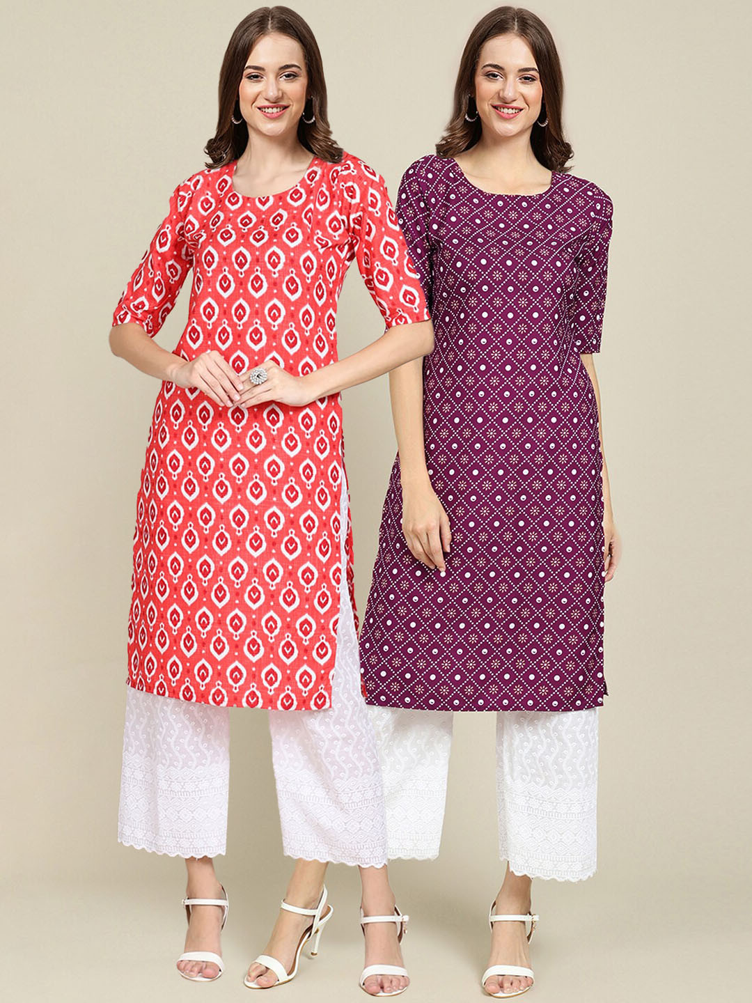 7Threads Women Pack Of 2 Orange & Violet Geometric Printed Summer Sheers Crepe Kurta