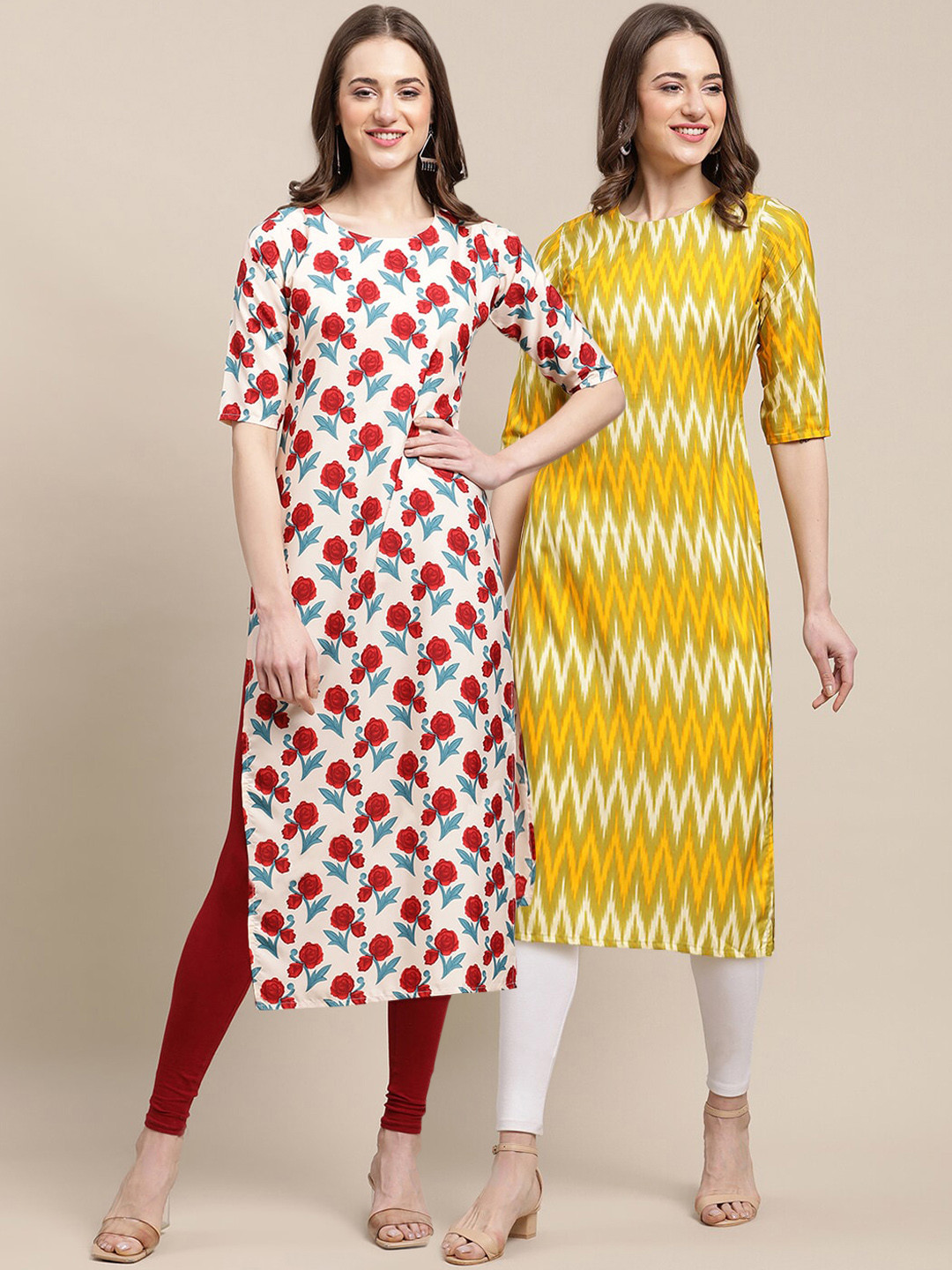7Threads Women Pack Of 2 Cream-Coloured & Yellow Floral Printed Summer Sheers Crepe Kurta