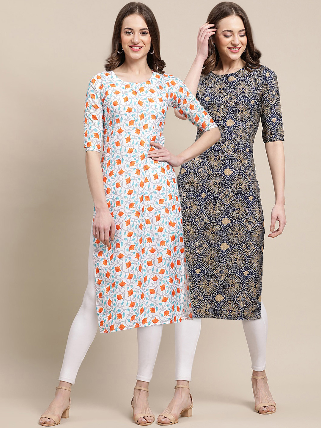 7Threads Women Pack Of 2 White & Blue Floral Printed Summer Sheers Crepe Kurta