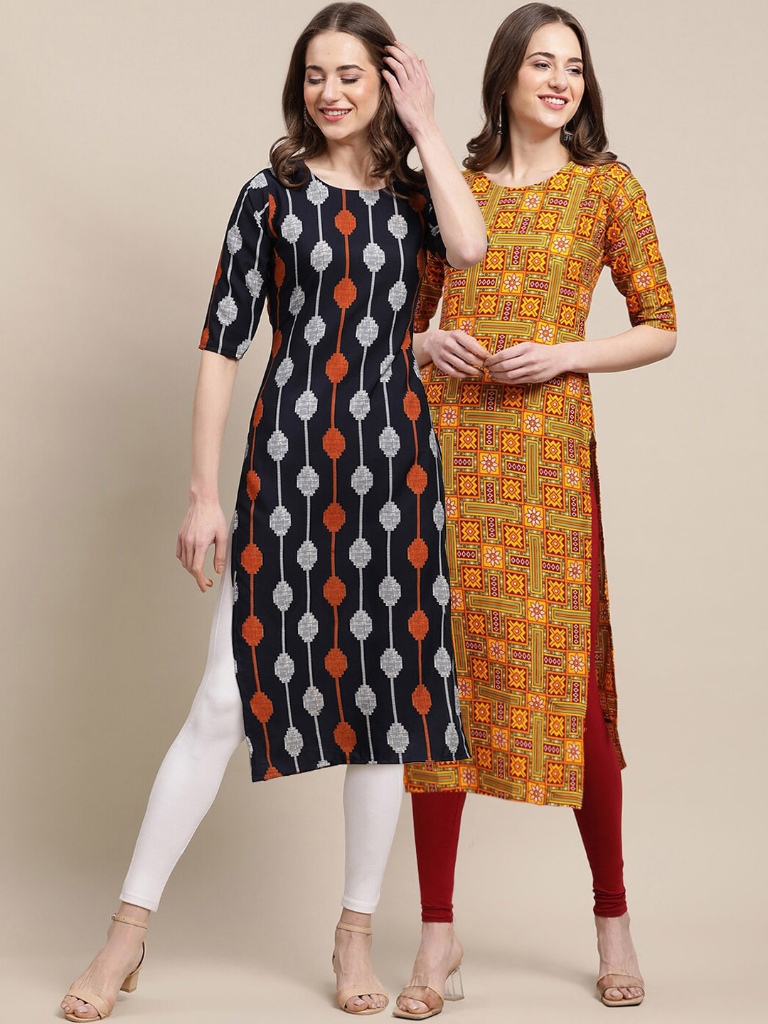 7Threads Women Pack Of 2 Black & Mustard Yellow Ethnic Motifs Printed Crepe Kurta