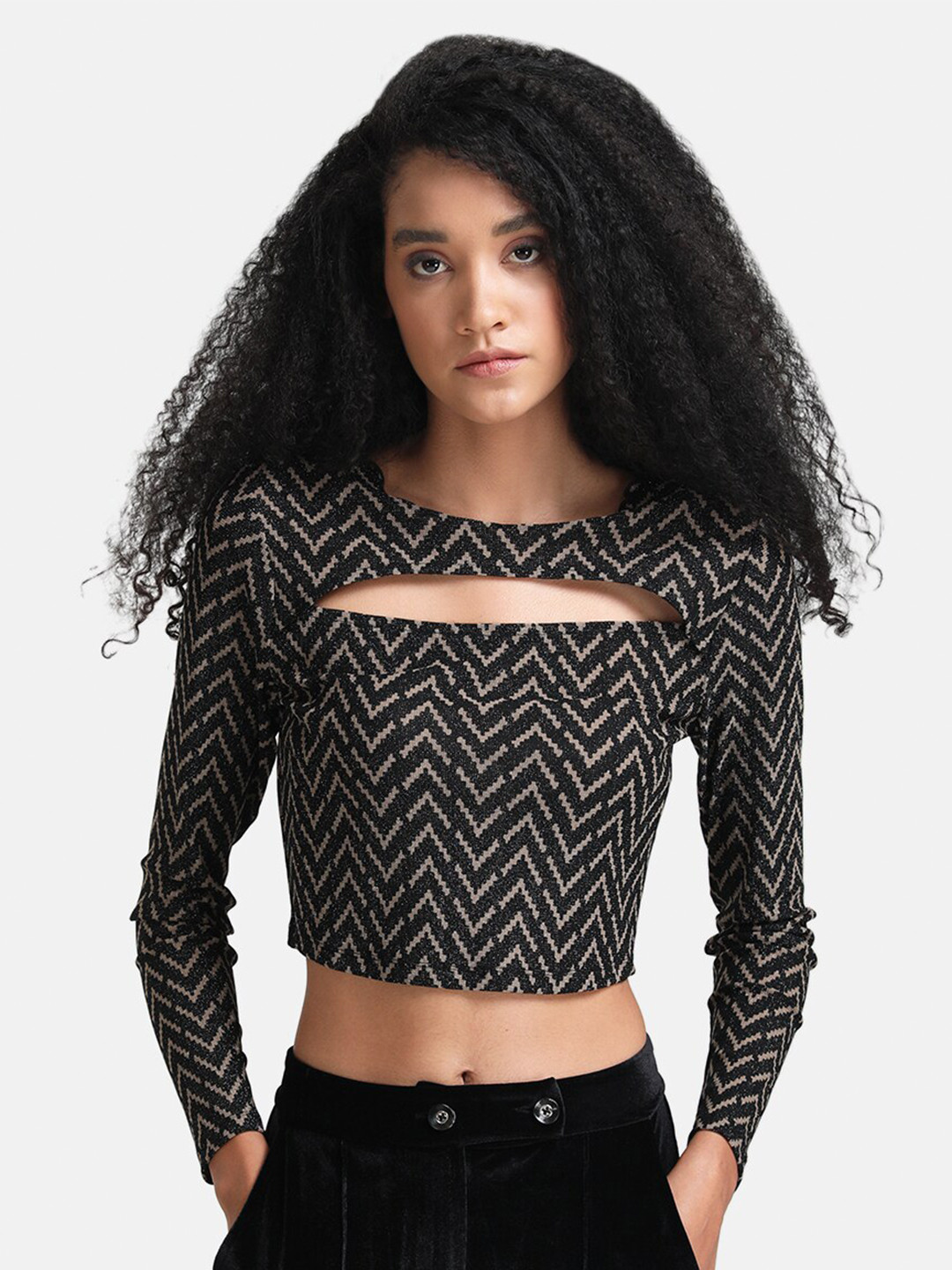 Kazo Black & Brown Geometric Print Crop Top