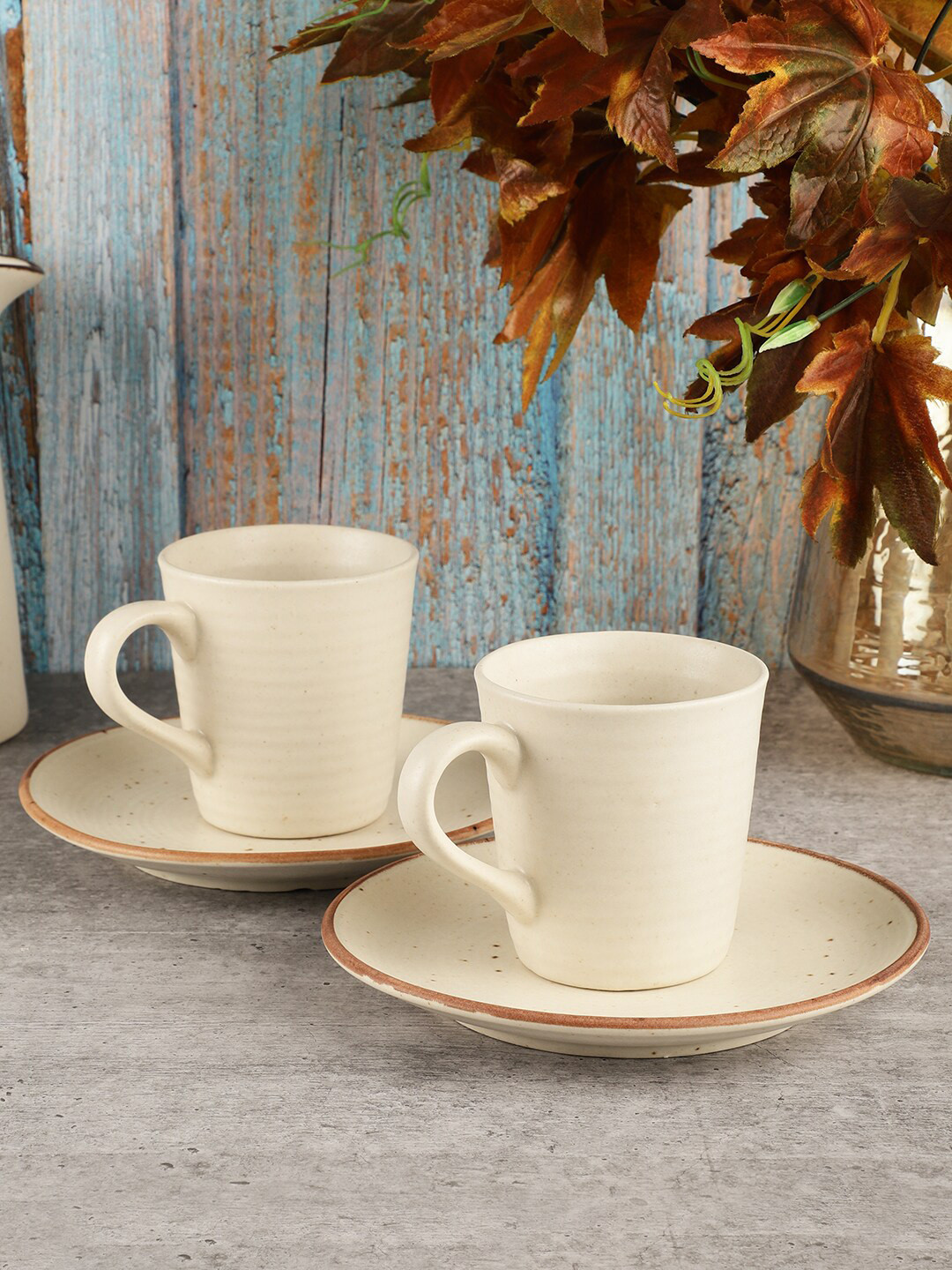 MIAH Decor Latte Cream Ceramic Handcrafted 2 Piece Mug with 2 Snack Plate-320ml