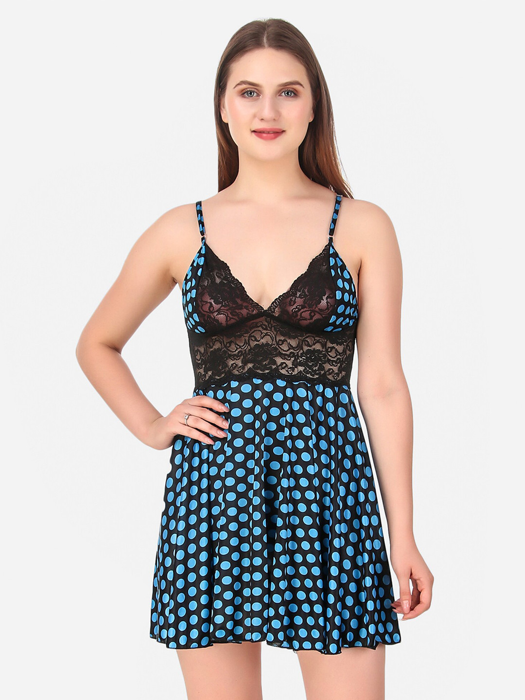 Romaisa Blue & Black Satin Printed Baby Doll