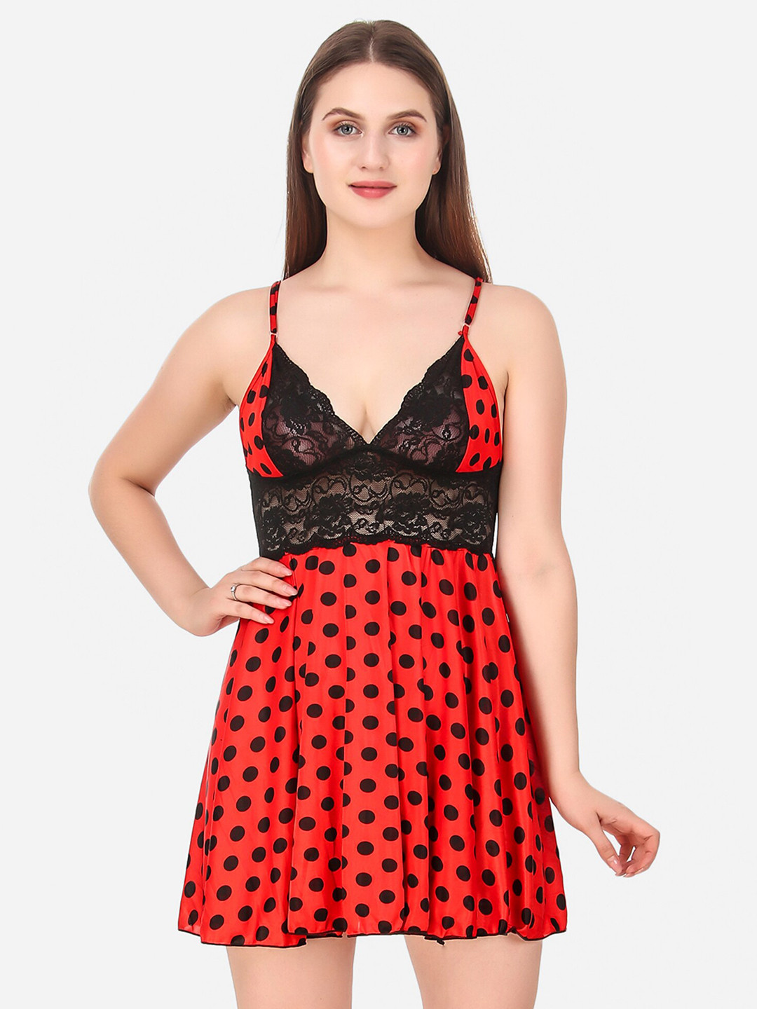 Romaisa Women Red & Black Satin Printed Lace Baby Doll