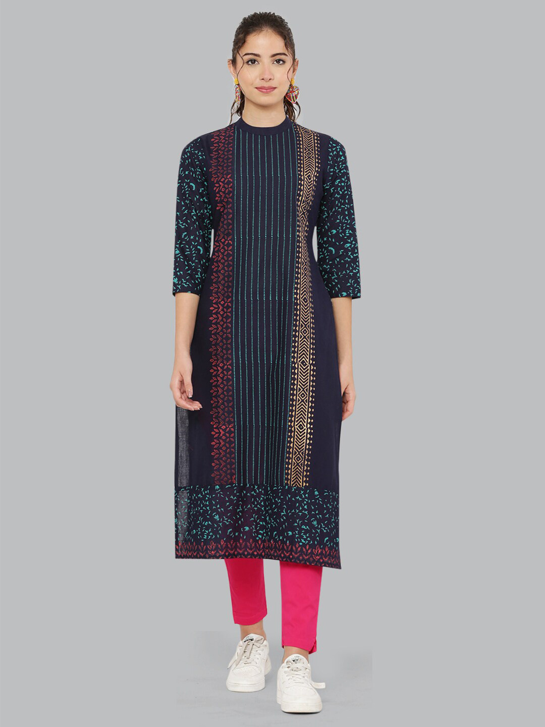 DEGE Women Navy Blue & Green Striped Block Print Kurta