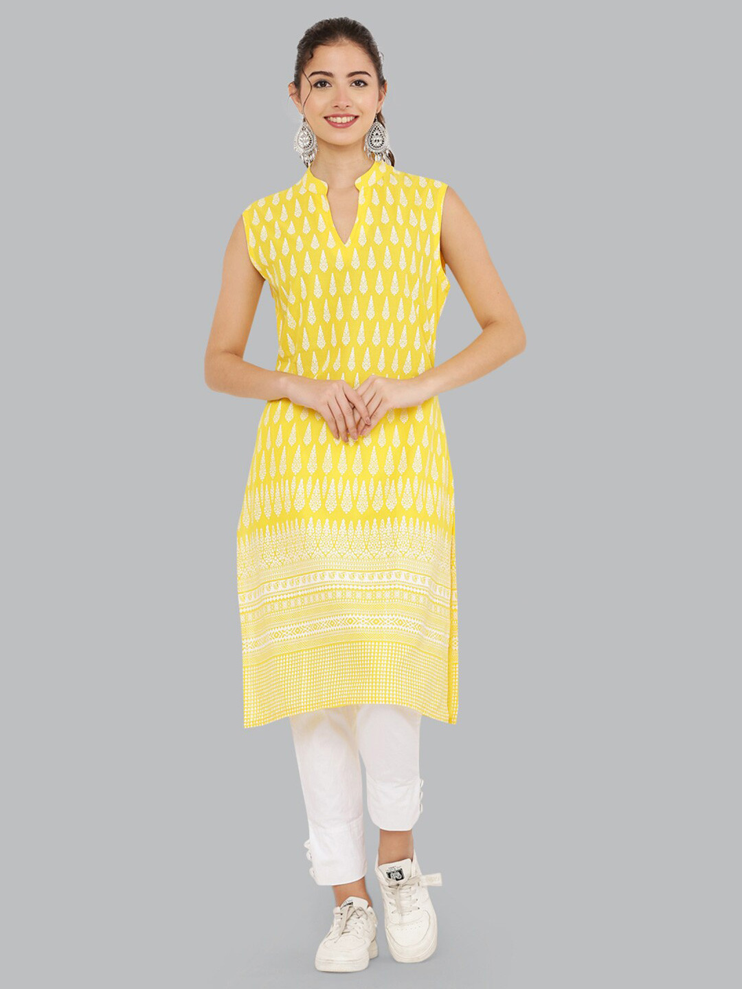 DEGE Women Yellow & White Ethnic Motifs Screen Printed Pure Cotton Kurta