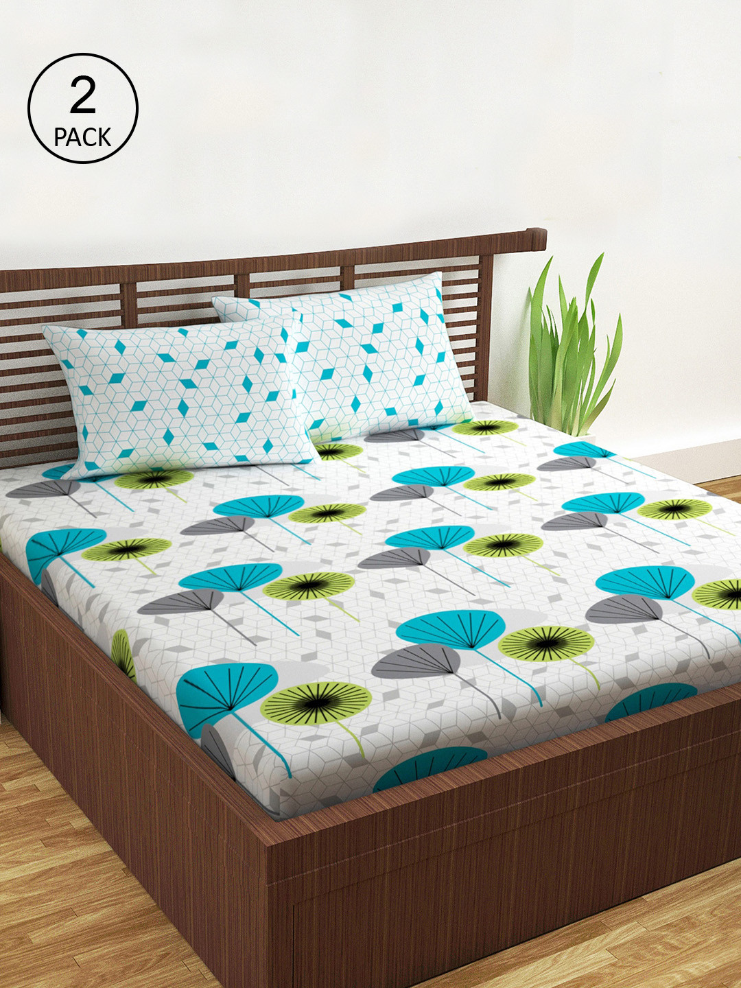 Divine Casa Modern White Floral Cotton 144 TC Queen 2 Bedsheet with 4 Pillow Covers-222 x 254 cm