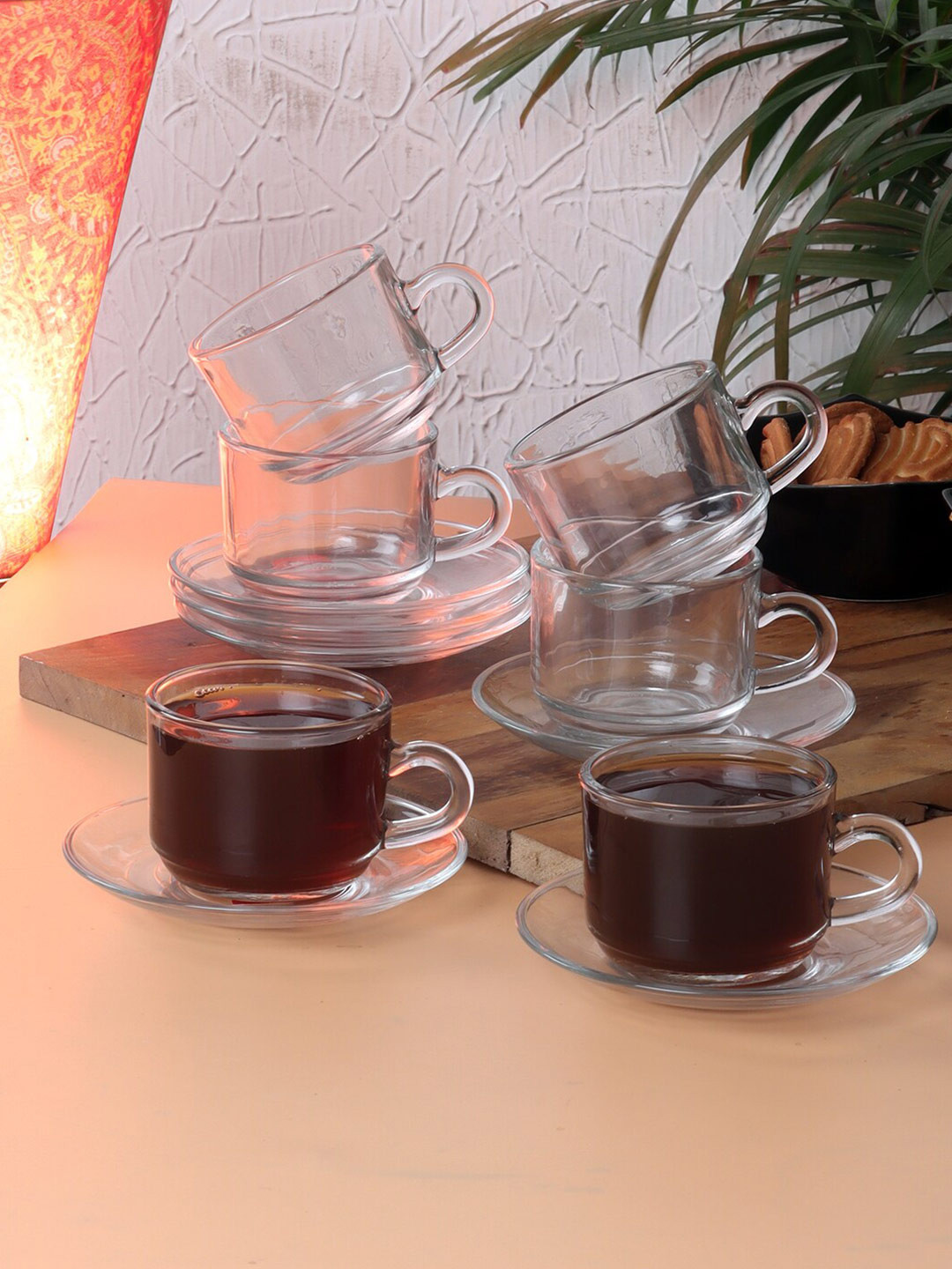 ceradeco Transparent Set Of 6 Glass Cups and Saucers 200 ml Each