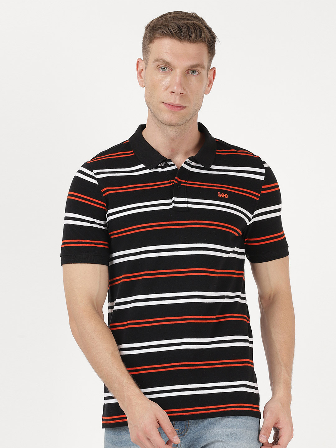 Lee Men Black Striped Polo Collar Applique Slim Fit T-shirt