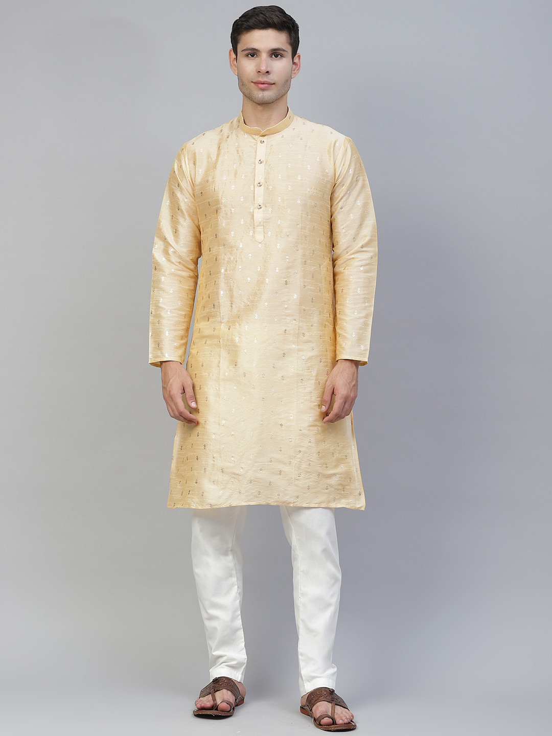 MANQ Men Beige Ethnic Motifs Printed Kurta with Pyjamas