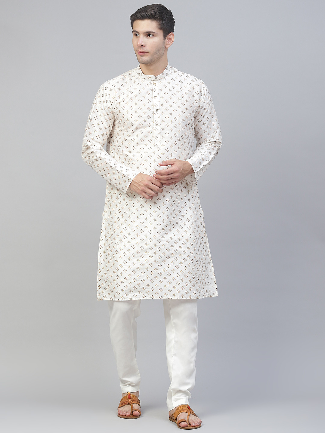 MANQ Men White Ethnic Motifs Printed Kurta with Pyjamas