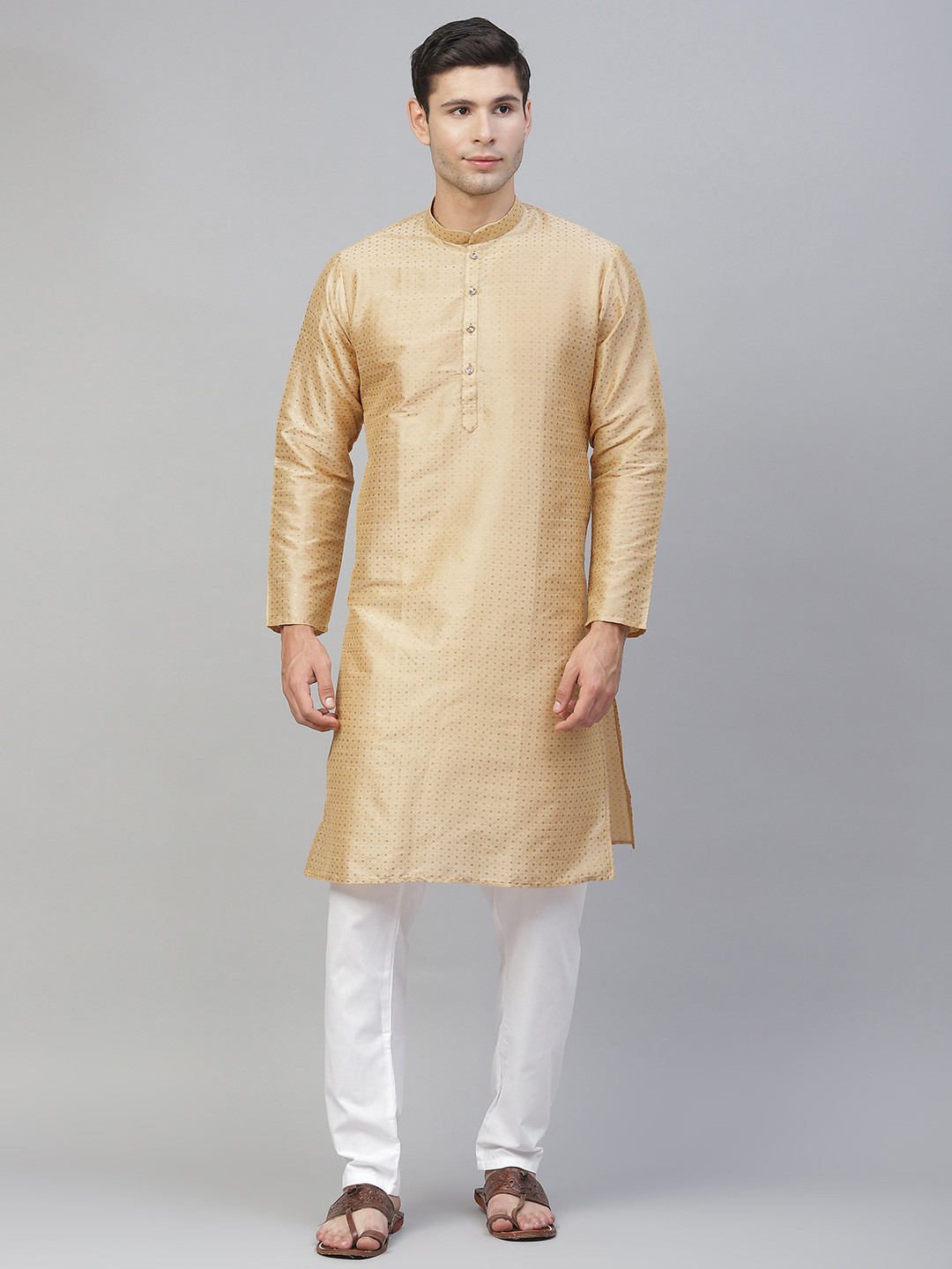 MANQ Men Beige Printed Kurta with Pyjamas