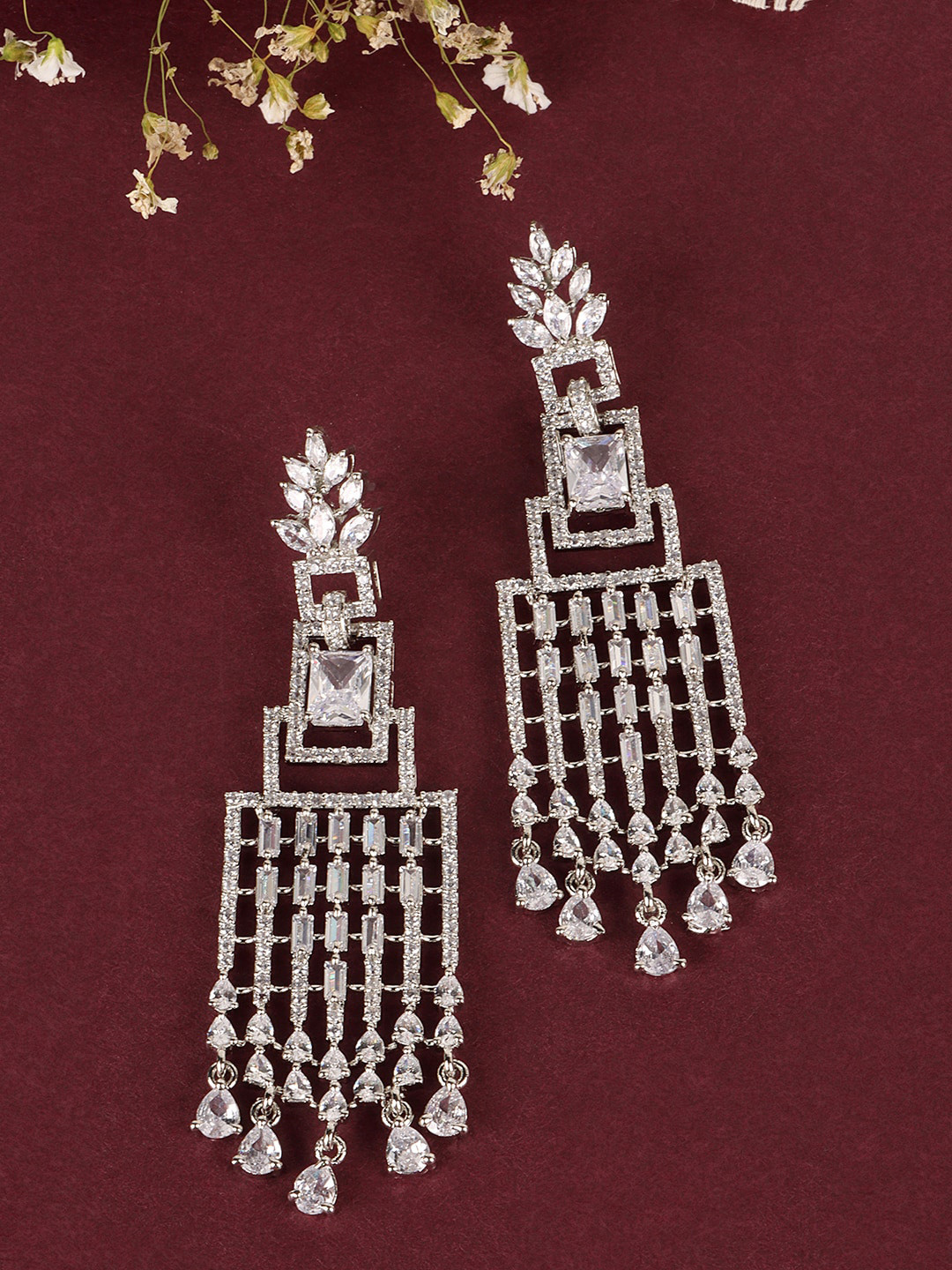 JEWELS GEHNA White AD studded Silver Plated Designer Square Drop Earring
