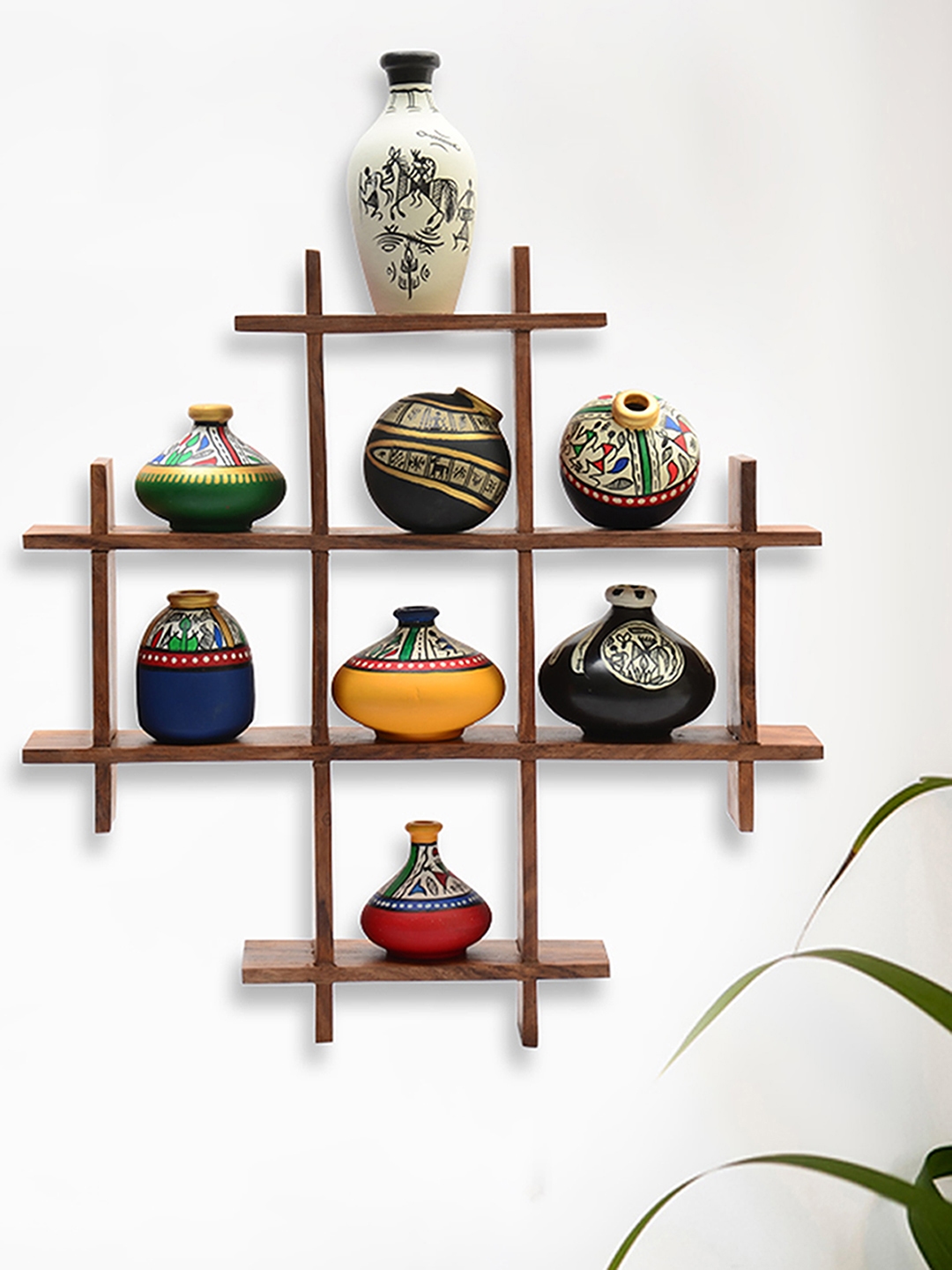 ExclusiveLane Set of 8 Multicoloured Warli Hand-Painted Vases & Wooden Wall Shelf