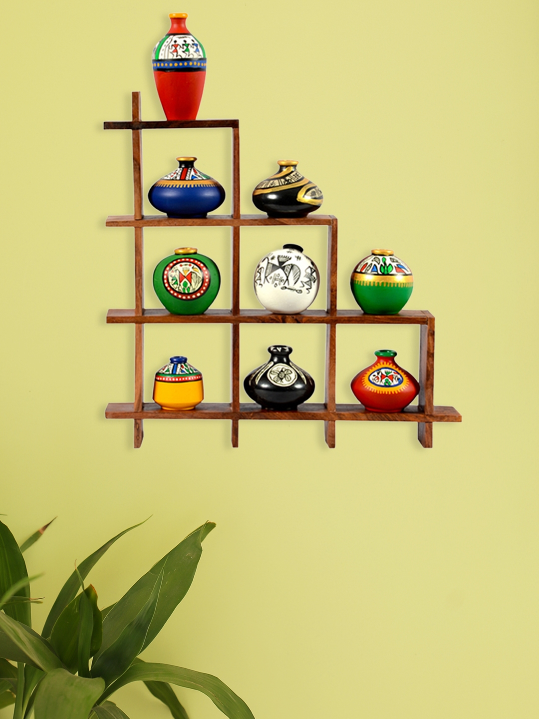 ExclusiveLane Set Of 9 Multicoloured Warli Handpainted Pot Showpieces With Wooden Frame