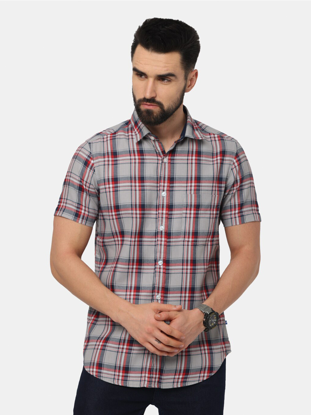 NIRVAAN Men Grey & Red Tartan Checked Slim Fit Casual Shirt