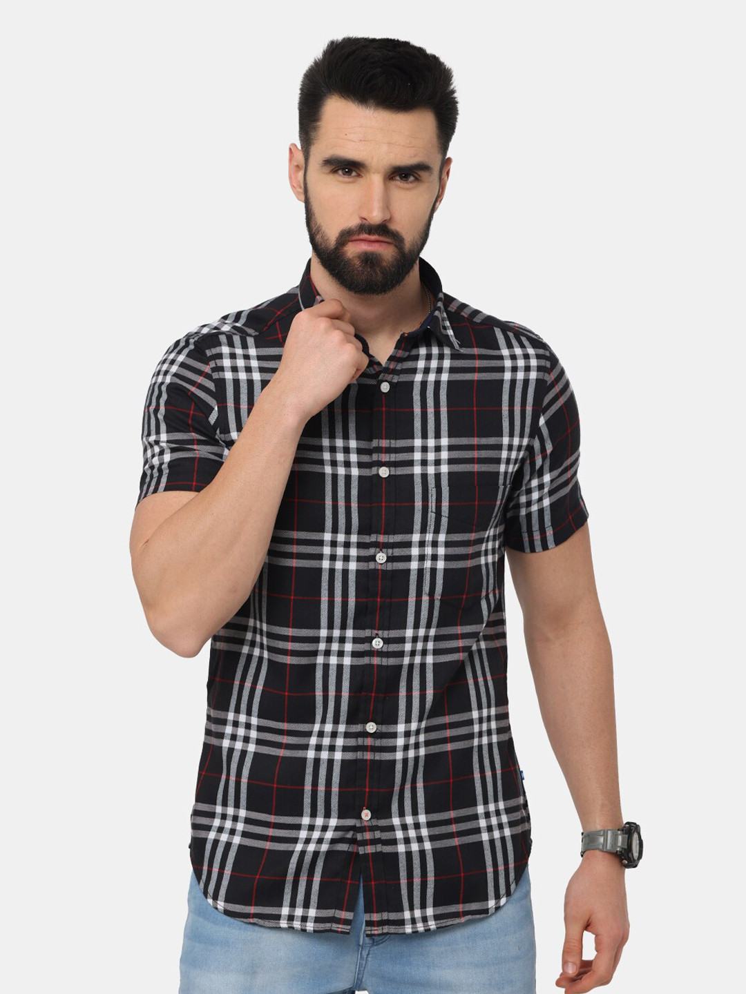 NIRVAAN Men Black Tartan Checked Slim Fit Casual Shirt