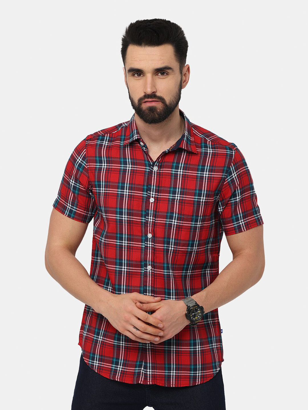 NIRVAAN Men Red Tartan Checks Slim Fit Casual Shirt