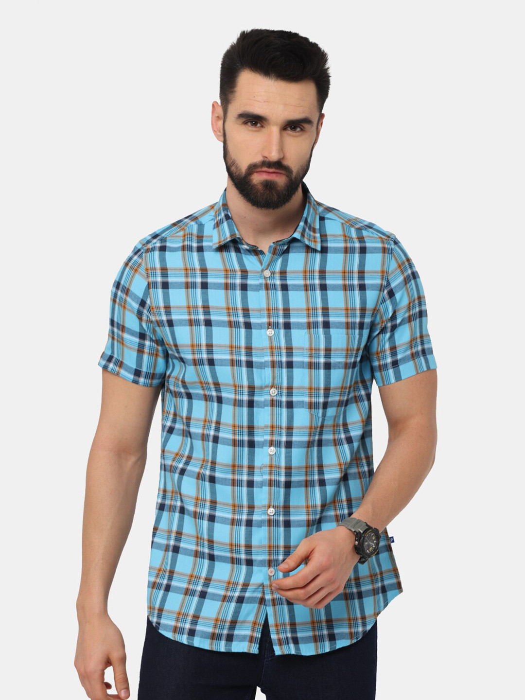 NIRVAAN Men Teal Checked Slim Fit Casual Shirt