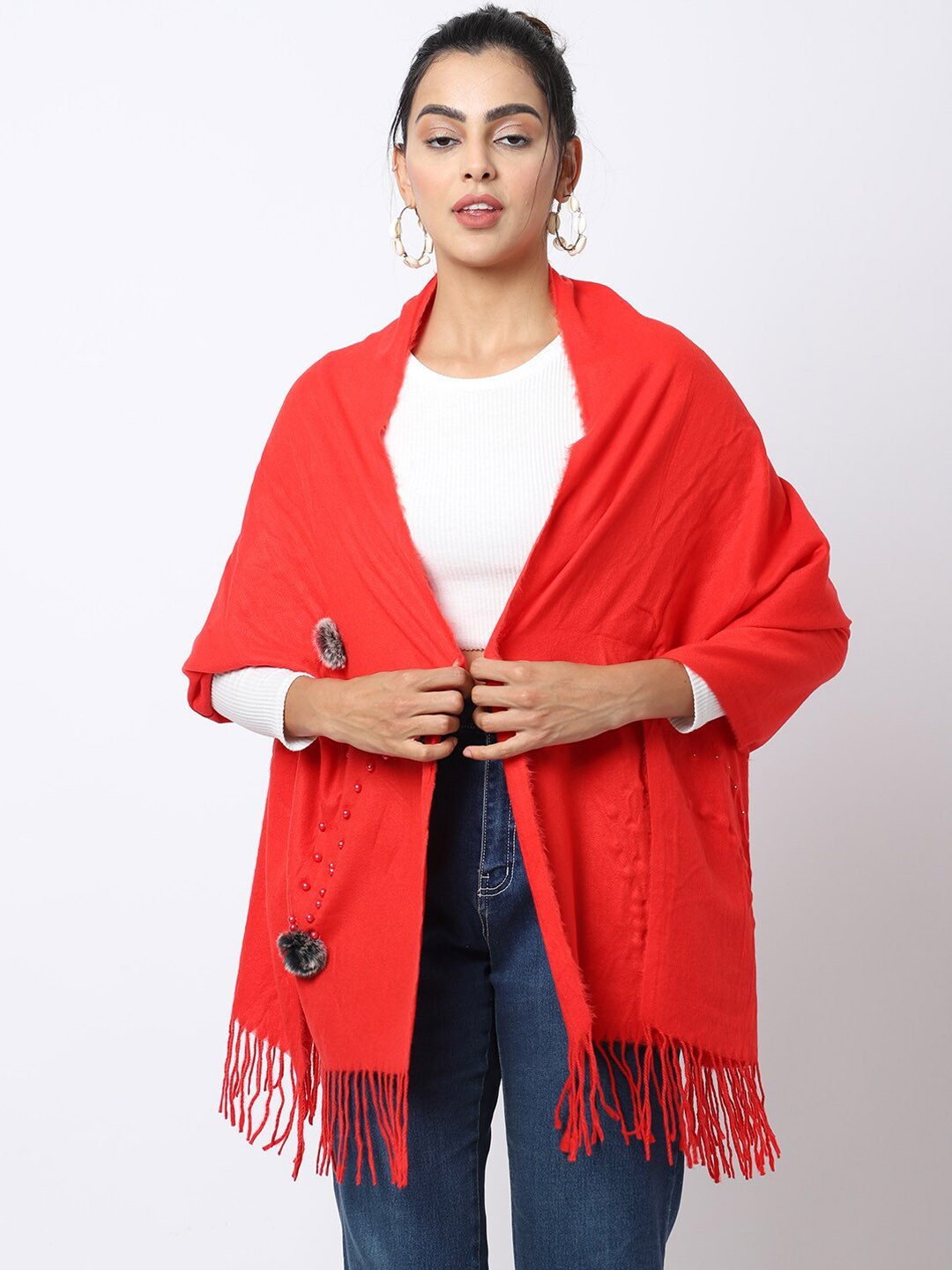 ELLIS Women Red Embellished Muffler