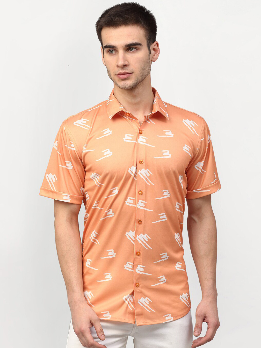 JAINISH Men Peach-Coloured Classic Slim Fit Printed Casual Shirt
