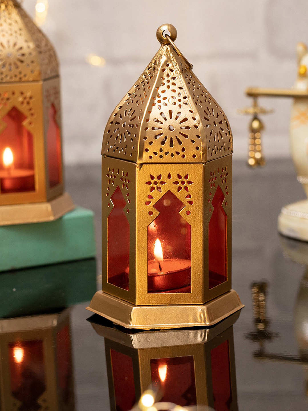 Homesake Gold-Toned & Red Moroccan Lantern Candle Holders
