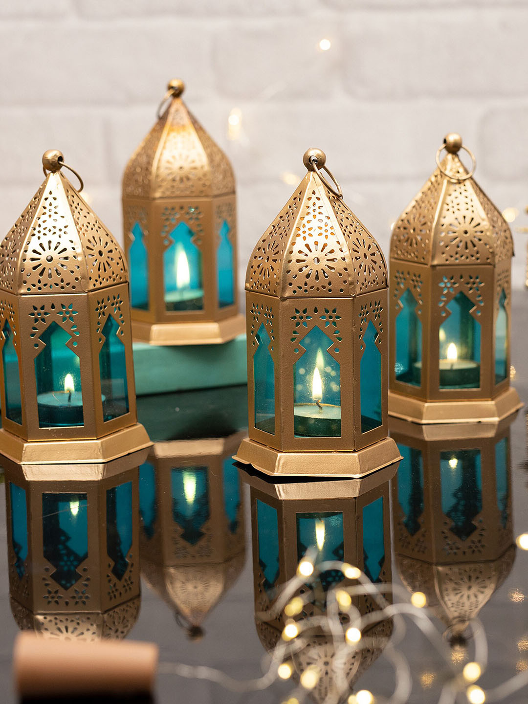 Homesake Set Of 4 Blue & Gold-Toned Antique Moroccan Lantern Candle Holder