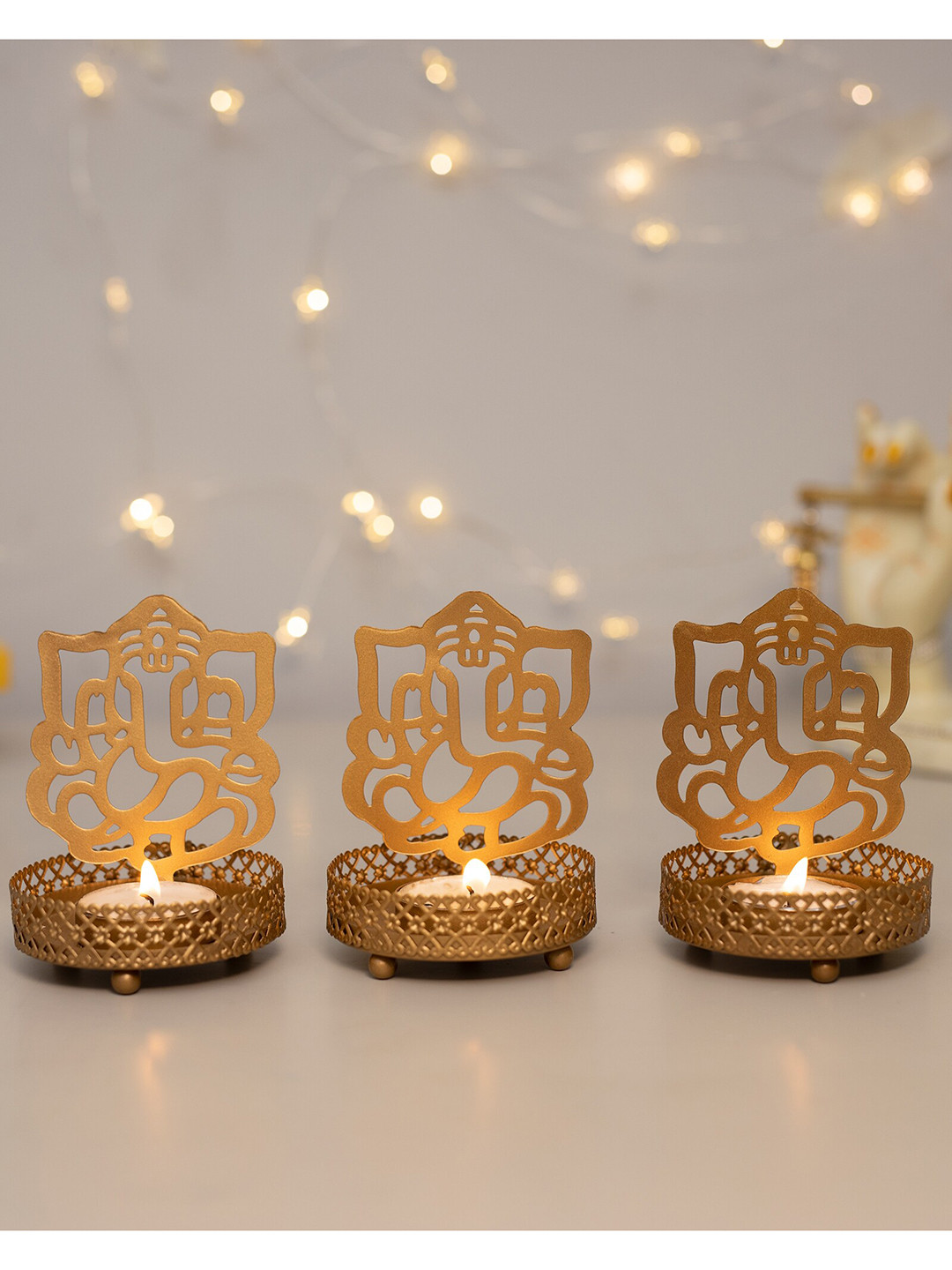 Homesake Pack Of 3 Gold-Toned Solid Lord Sri Ganesh Metal Tea Light Candle Holder