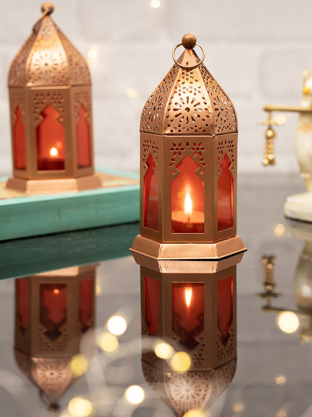 Homesake Pack Of 2 Red Textured Moroccan Hurricane Candle Holders