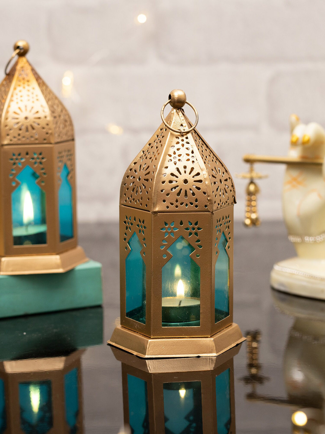 Homesake Set Of 2 Gold-Toned & Blue Antique Moroccan Lantern Candle Holders
